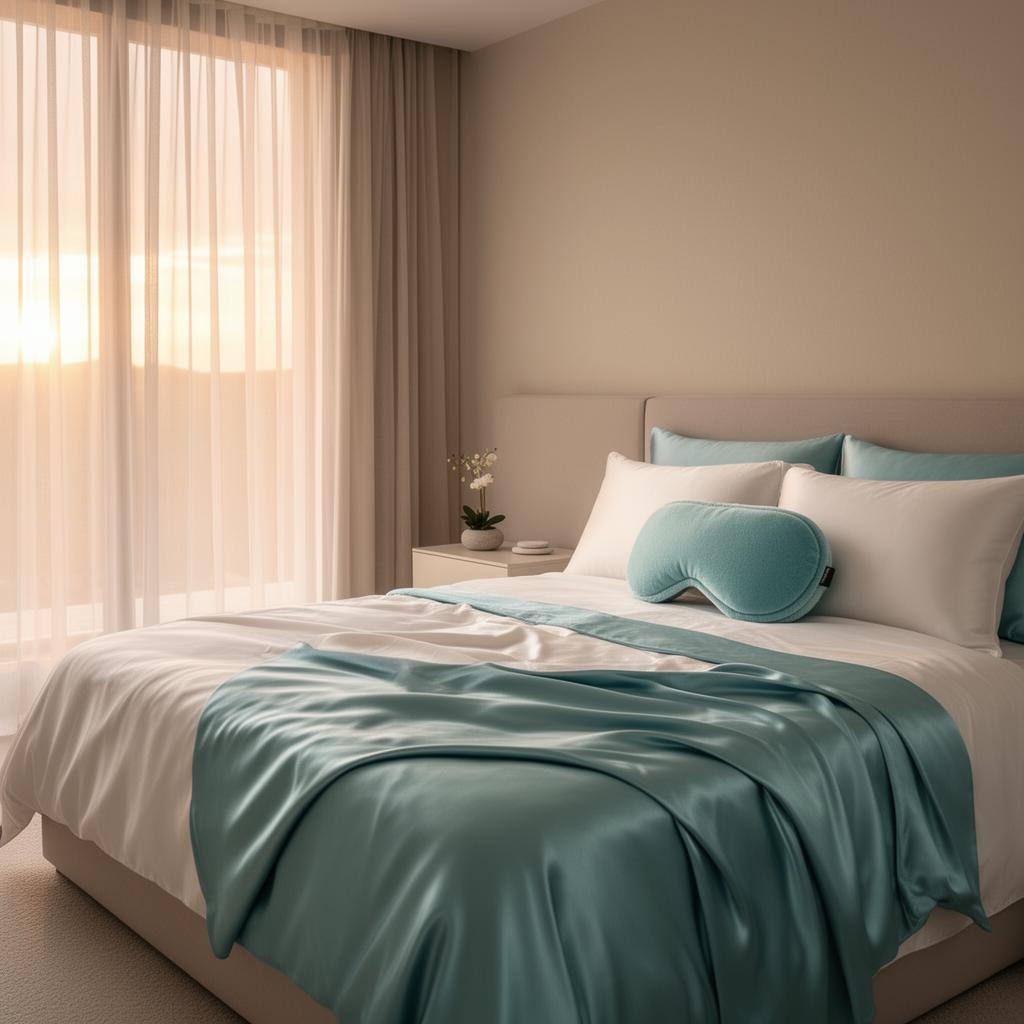 Luxurious spa-like bedroom with teal bamboo bedding and weighted eye mask on pillow